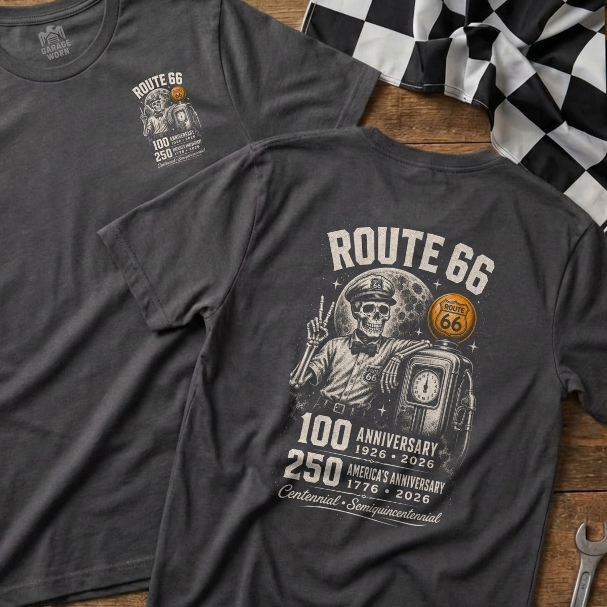 Dark grey t-shirt with Route 66 skeleton graphic and anniversary dates.