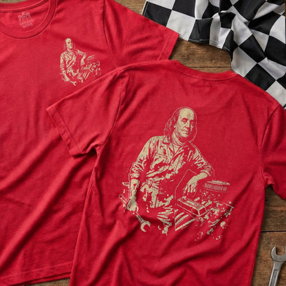 Red t-shirts with Benjamin Franklin graphic and engine parts.