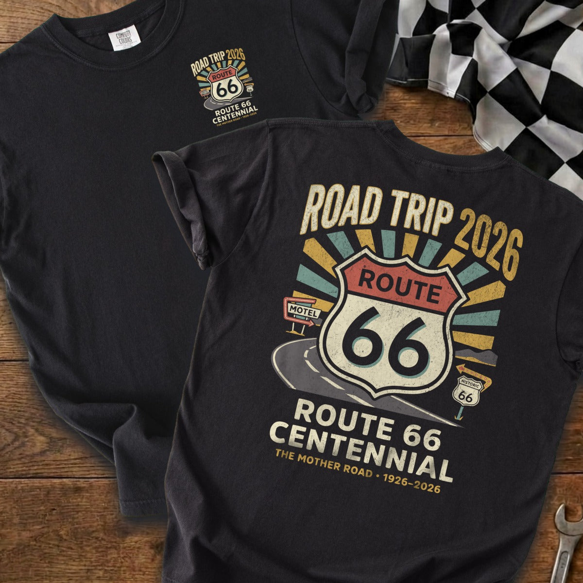Black t-shirt with "Road Trip 2026 Route 66 Centennial" graphic.