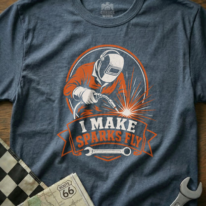 Welder wearing helmet and protective gear, sparks flying, text "I MAKE SPARKS FLY."