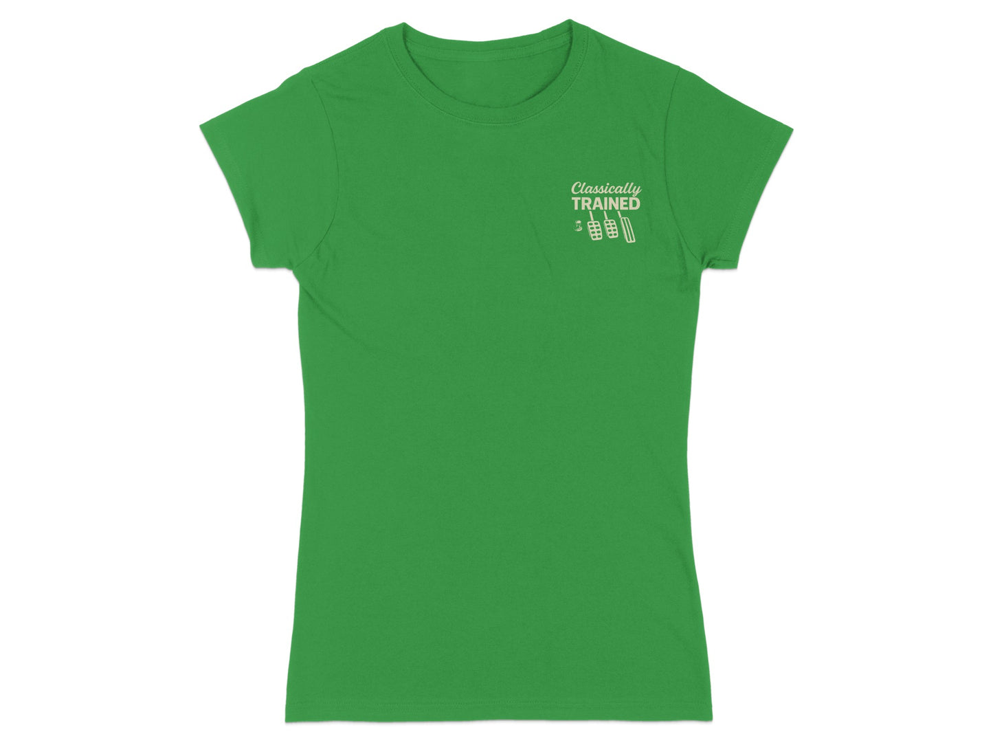 Green t-shirt with "Classically Trained" text and weights graphic.