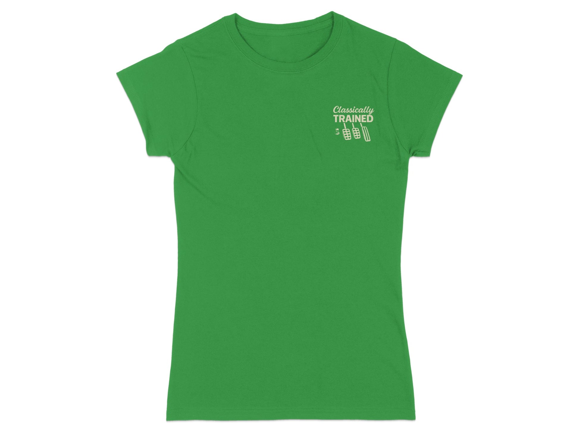 Green t-shirt with "Classically Trained" text and weights graphic.