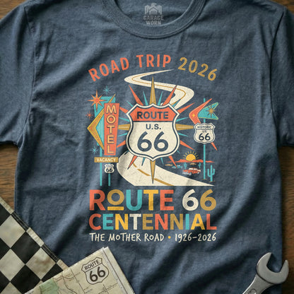 Route 66 Centennial graphic with road, motel, and desert landscape elements.