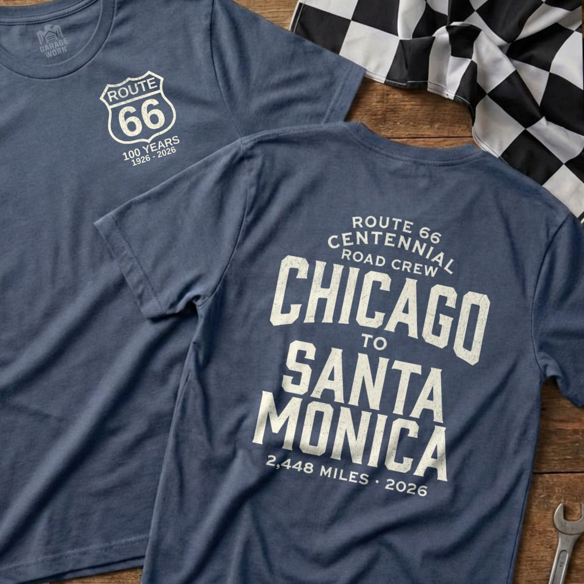 Blue t-shirts with Route 66 Centennial Chicago to Santa Monica graphic.