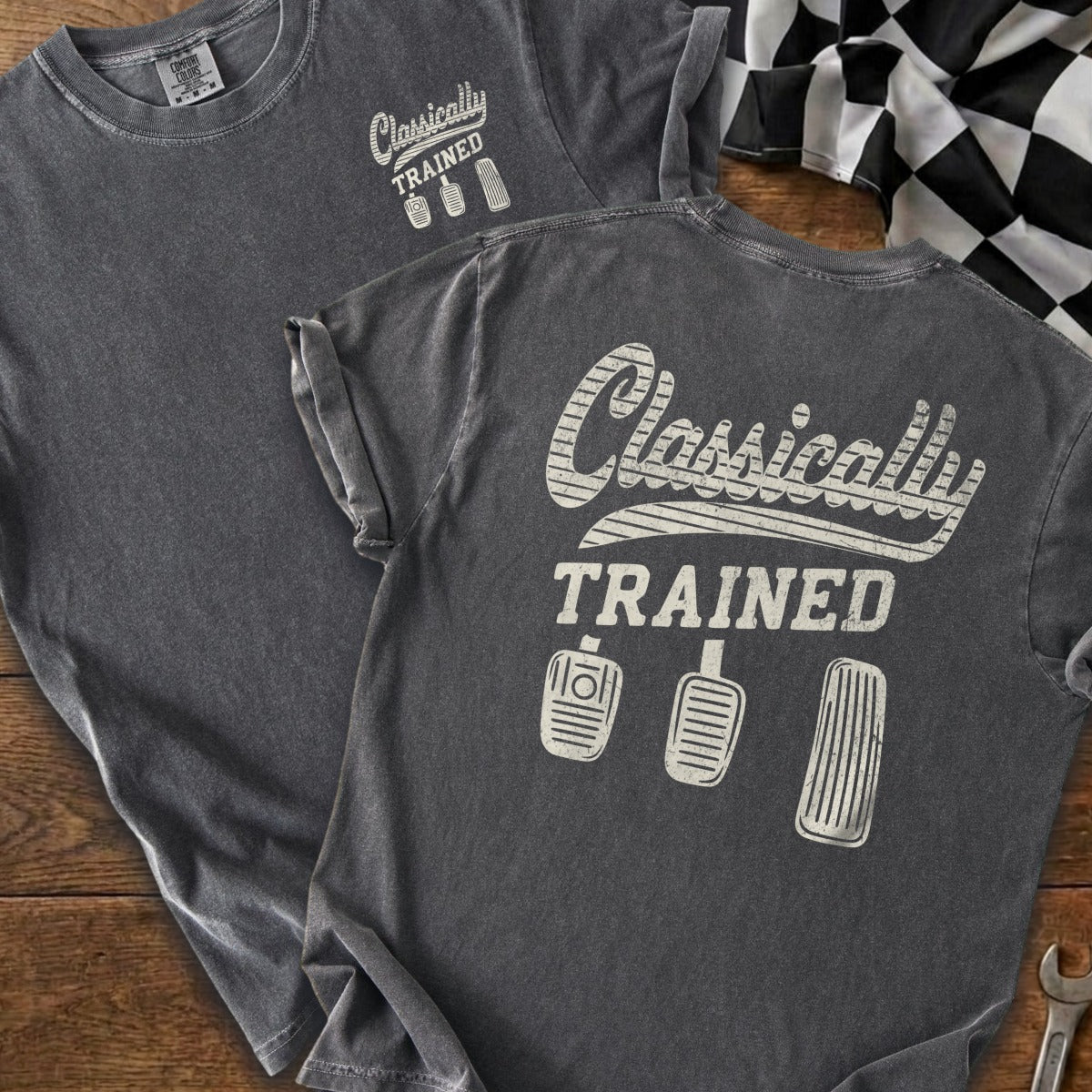Dark gray t-shirt with "Classically TRAINED" and three pedal graphics.