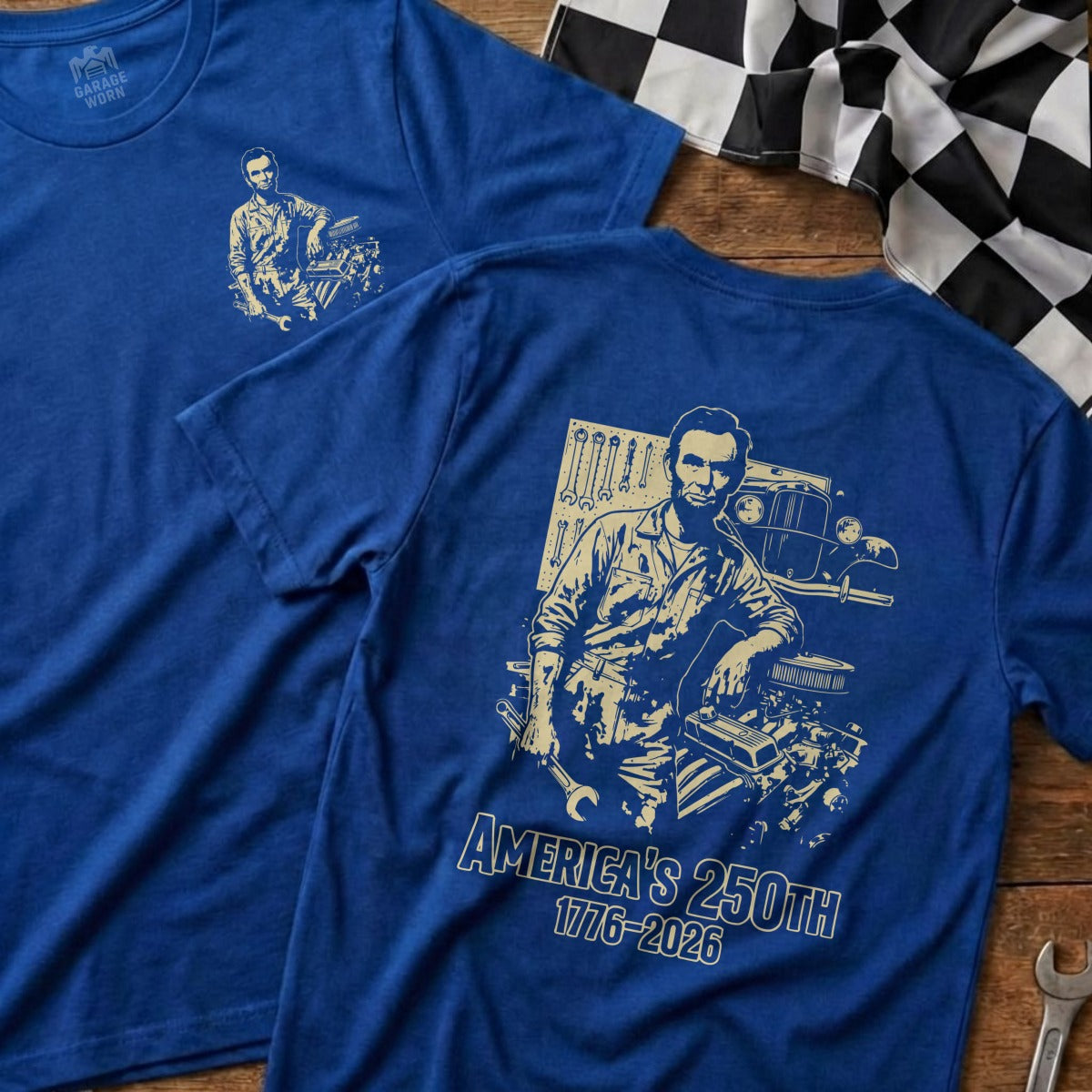 Blue t-shirt with an illustration of Abraham Lincoln leaning on a vintage car.