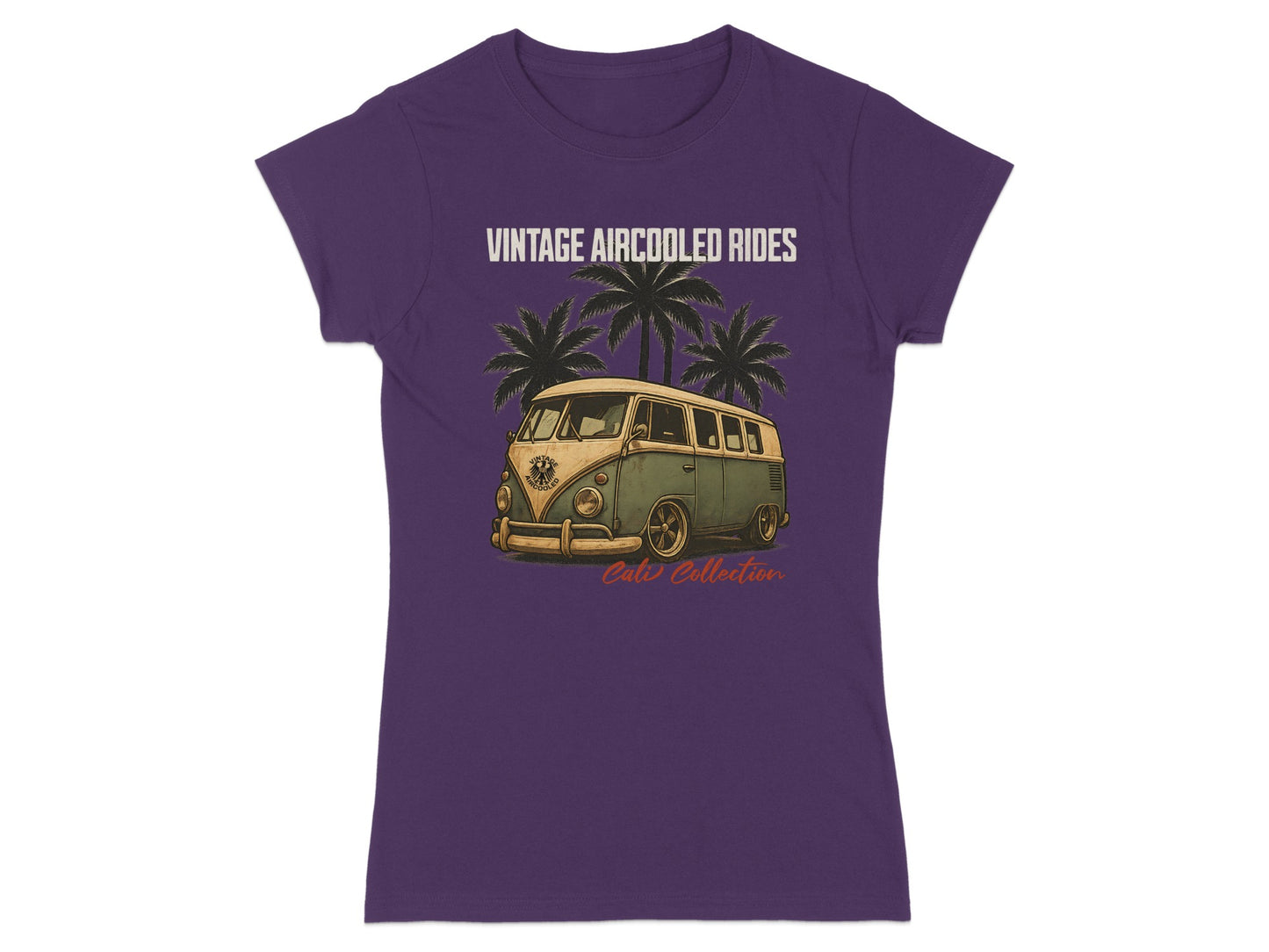 Purple t-shirt with vintage aircooled van, palm trees, and "Cali Collection" text.