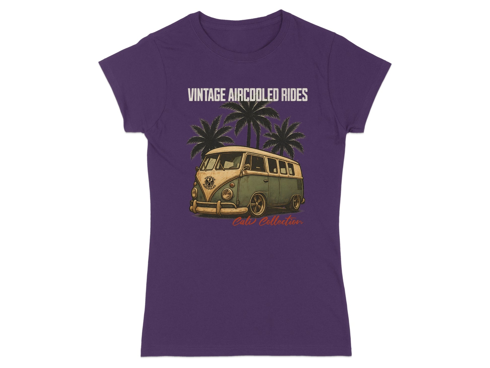 Purple t-shirt with vintage aircooled van, palm trees, and "Cali Collection" text.