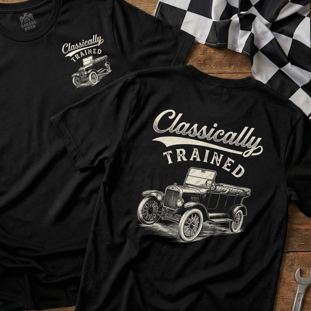 Black T-shirt with "Classically Trained" text and antique car graphic.