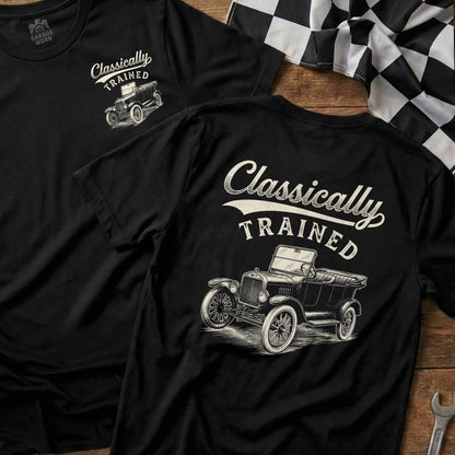 Black T-shirt with "Classically Trained" text and antique car graphic.
