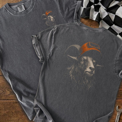 Dark grey t-shirt with rams head wearing an orange cap graphic.