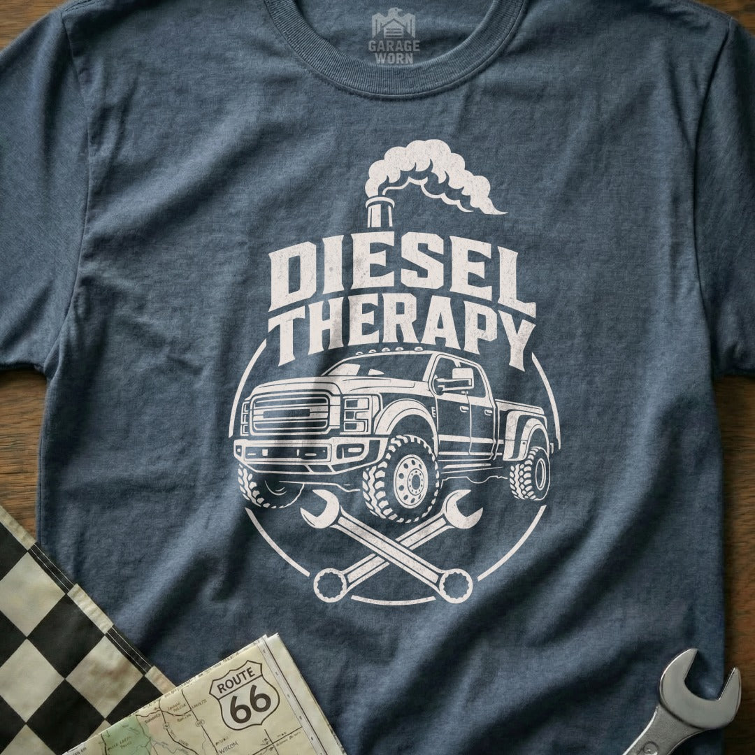 White graphic of a diesel truck, exhaust, and wrenches with "DIESEL THERAPY" text.