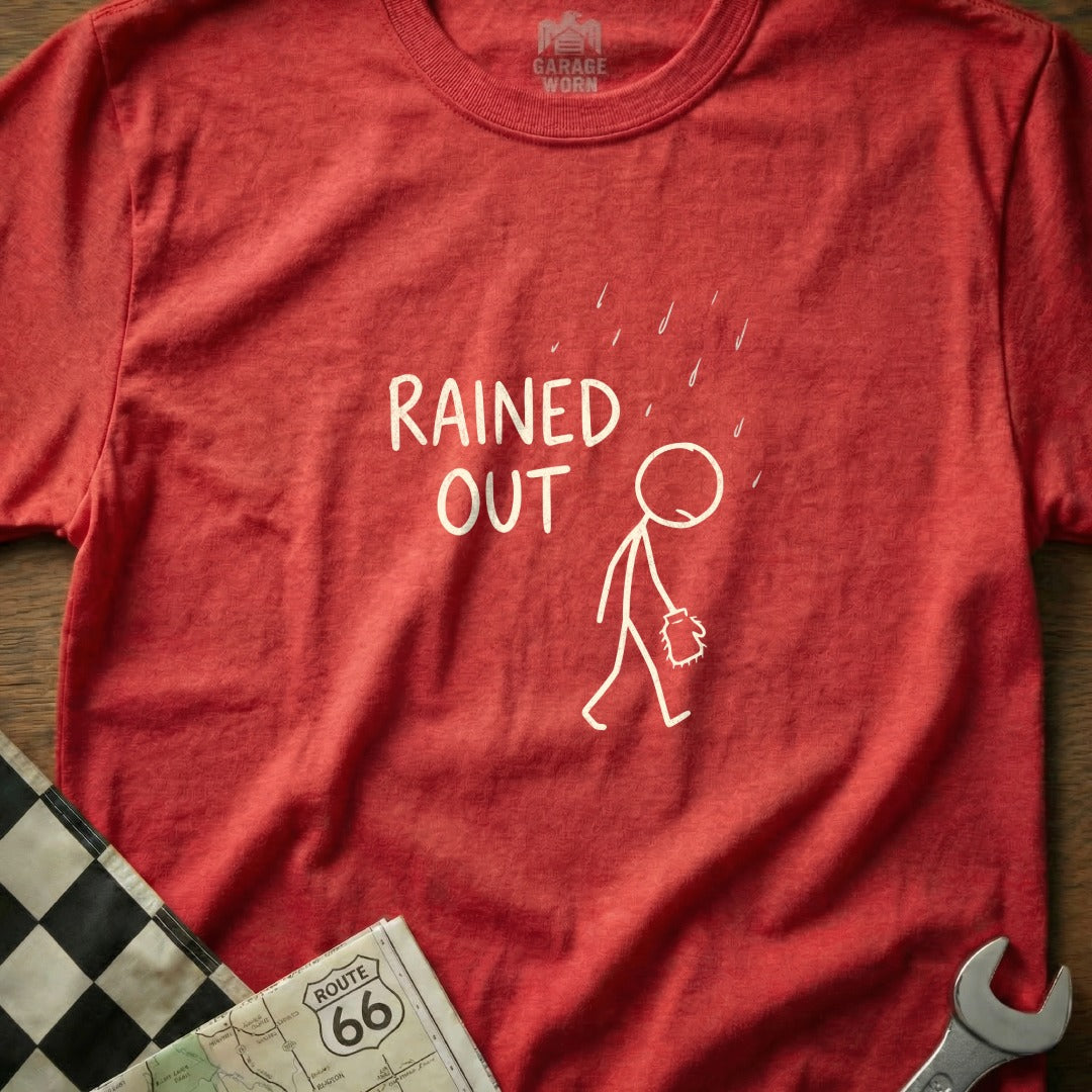 Red t-shirt with stick figure walking in rain, "Rained Out" text.
