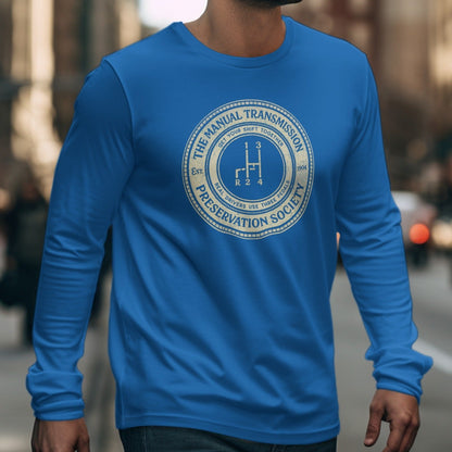 Blue long-sleeve shirt with "The Manual Transmission Preservation Society" circular logo.