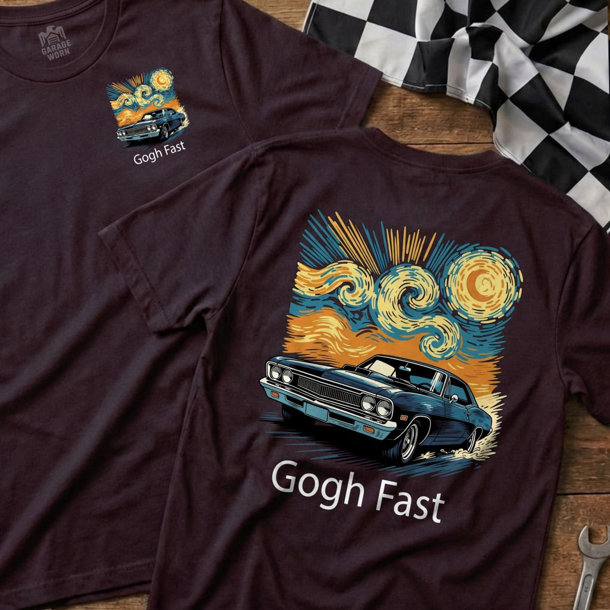 Dark t-shirt with "Gogh Fast" text and Van Gogh-style car graphic.