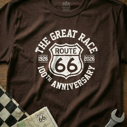 Brown t-shirt with "The Great Race 100th Anniversary Route 66" graphic.