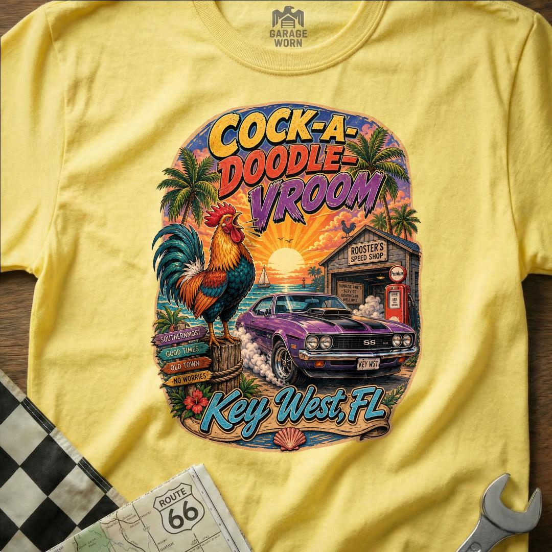 Yellow t-shirt graphic: chicken, purple car, speed shop, Key West, FL.