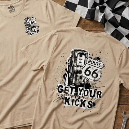 Tan t-shirt with Route 66 gas pump graphic and "GET YOUR KICKS" text.