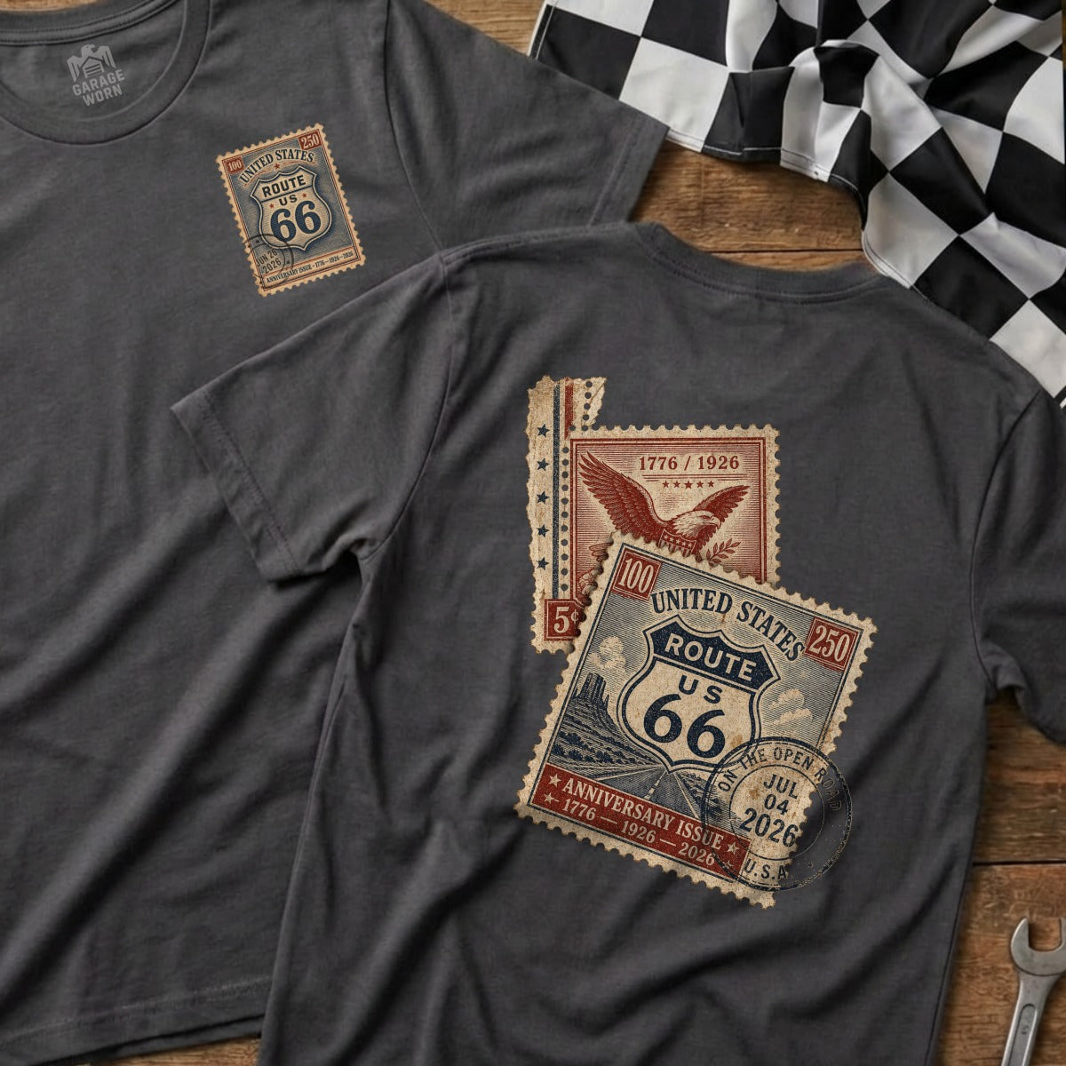 Two t-shirts display Route 66 anniversary stamp designs with eagles and dates.