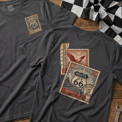 Two t-shirts display Route 66 anniversary stamp designs with eagles and dates.