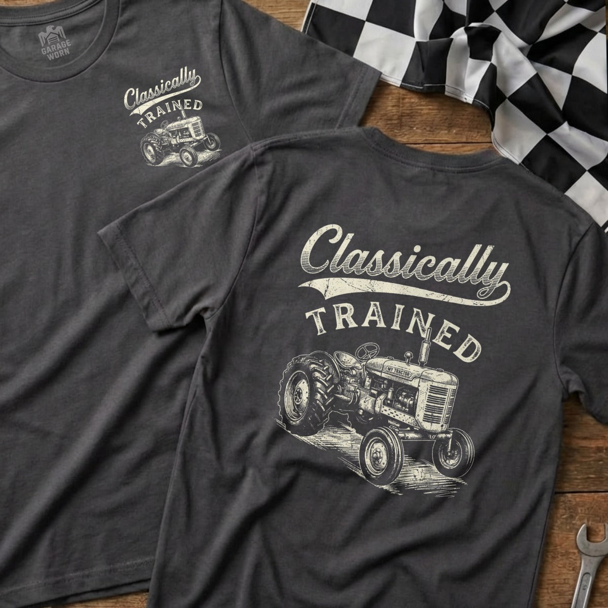Dark grey t-shirt with "Classically Trained" text and a vintage tractor graphic.