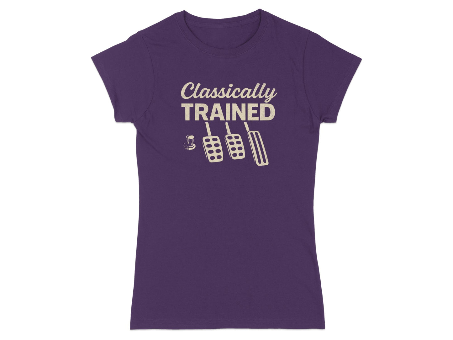 Dark purple t-shirt with "Classically TRAINED" and clutch, brake, and gas pedals graphic.