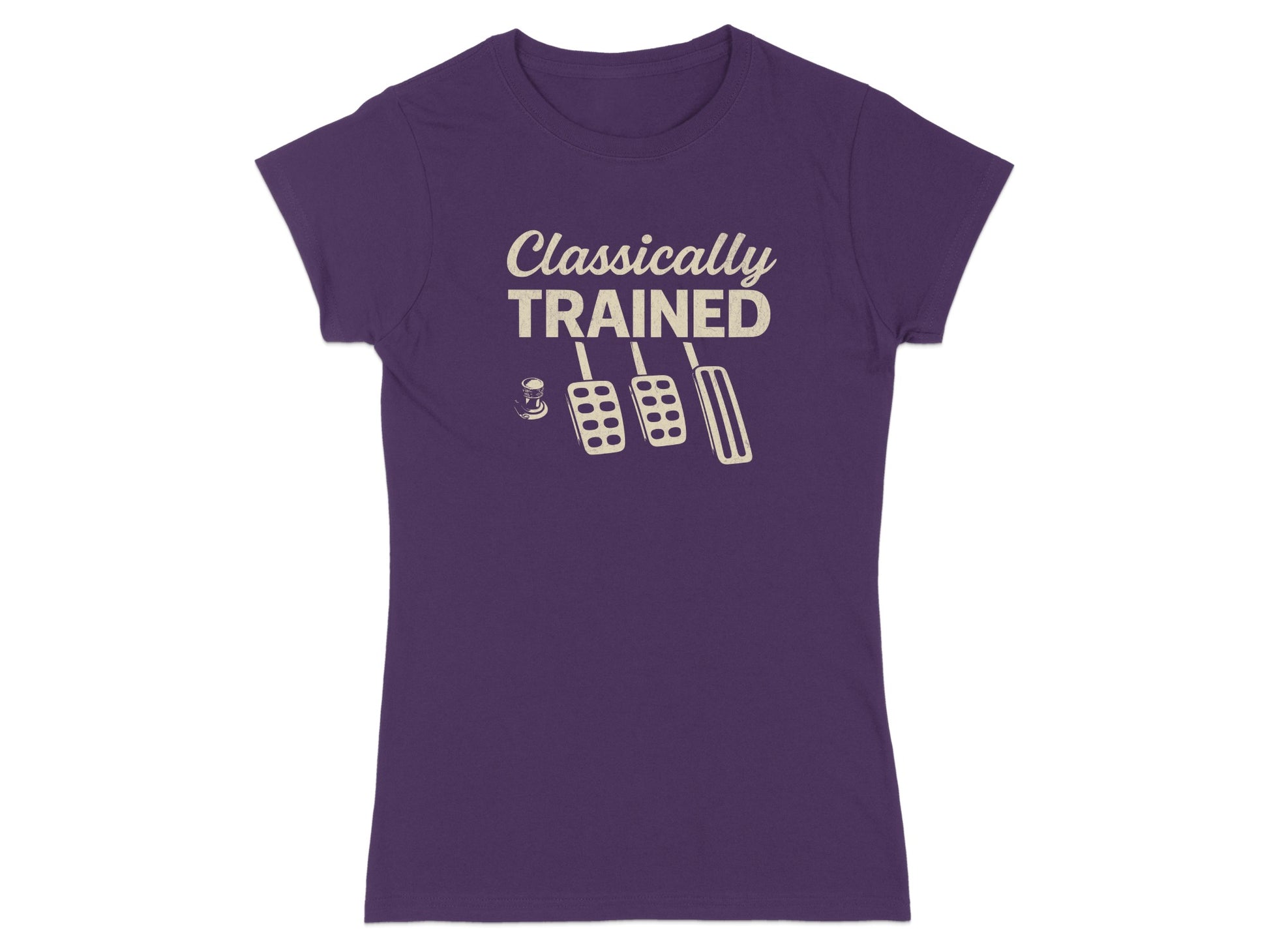 Dark purple t-shirt with "Classically TRAINED" and clutch, brake, and gas pedals graphic.