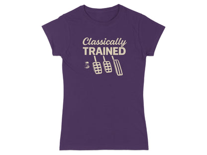 Dark purple t-shirt with "Classically TRAINED" and clutch, brake, and gas pedals graphic.
