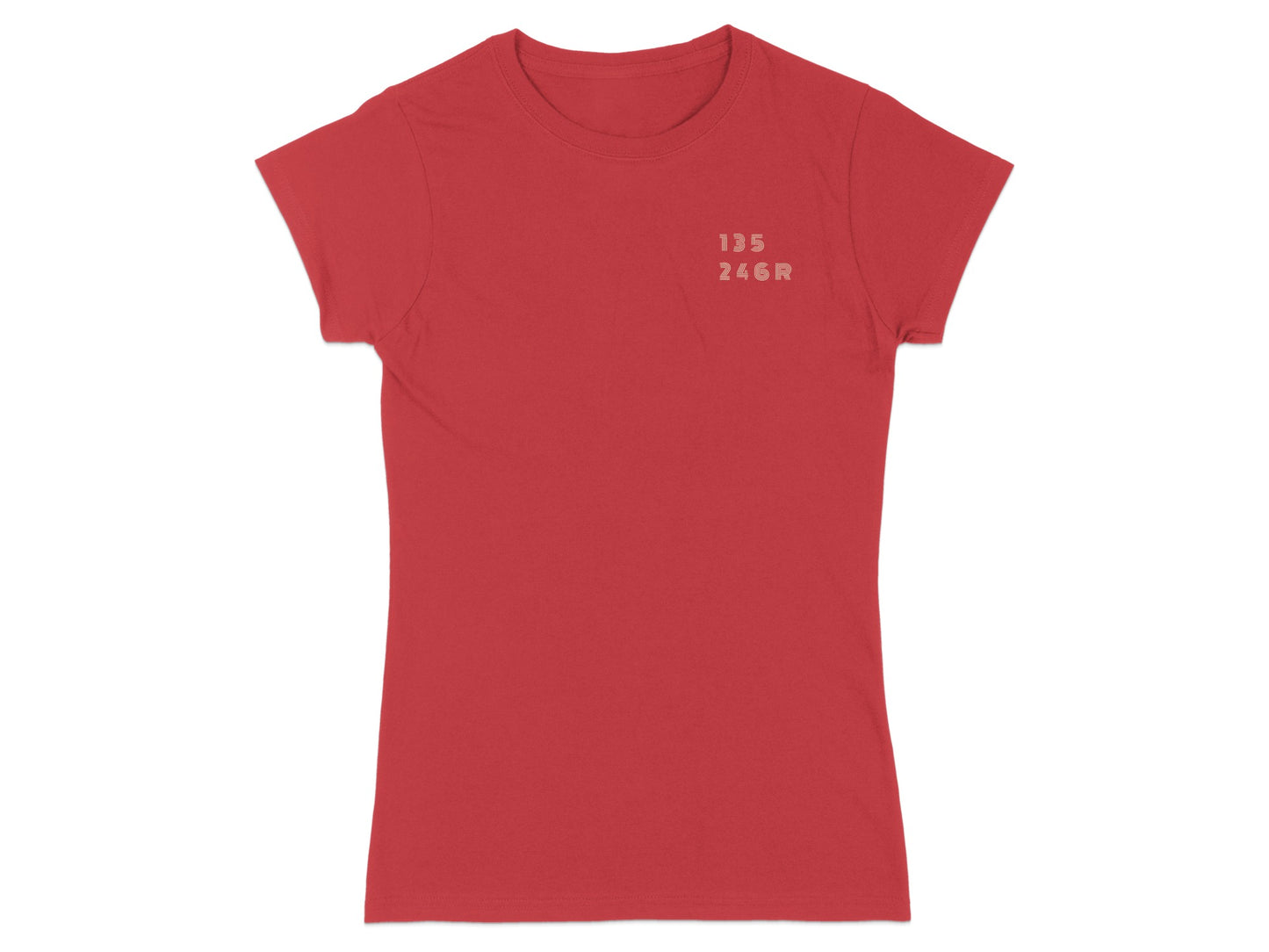 Red t-shirt with text "135 246R" printed on the left chest.