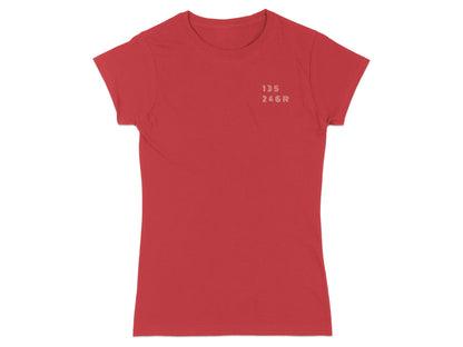 Red t-shirt with text "135 246R" printed on the left chest.