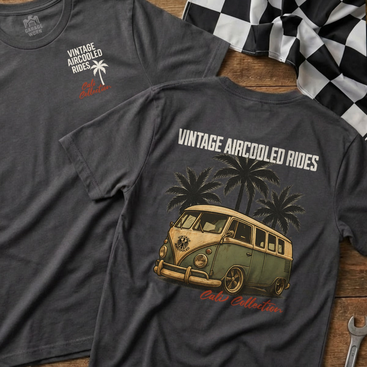 Dark grey t-shirt with "Vintage Aircooled Rides" and palm trees, featuring a vintage van illustration.