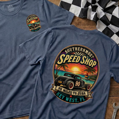 Blue t-shirt with "Southernmost Speed Shop" graphic featuring a vintage car and beach scene.