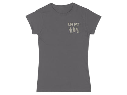 Gray t-shirt with "LEG DAY" text and pedal graphic on chest.
