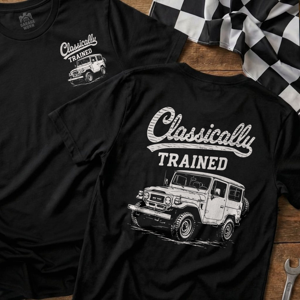 Black t-shirt with "Classically TRAINED" text and a classic Toyota Land Cruiser illustration.