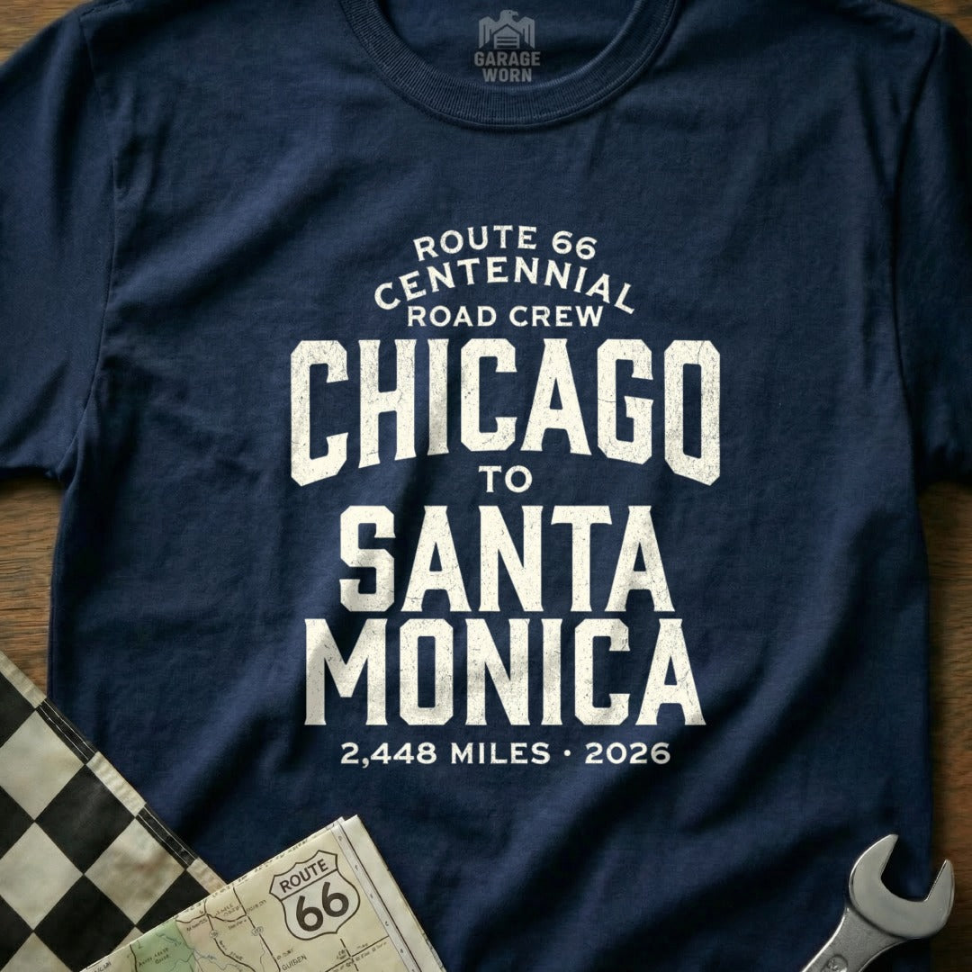 Navy t-shirt with Route 66 Centennial Chicago to Santa Monica text.