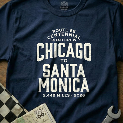 Navy t-shirt with Route 66 Centennial Chicago to Santa Monica text.