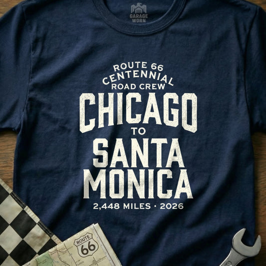 Navy t-shirt with Route 66 Centennial Chicago to Santa Monica text.