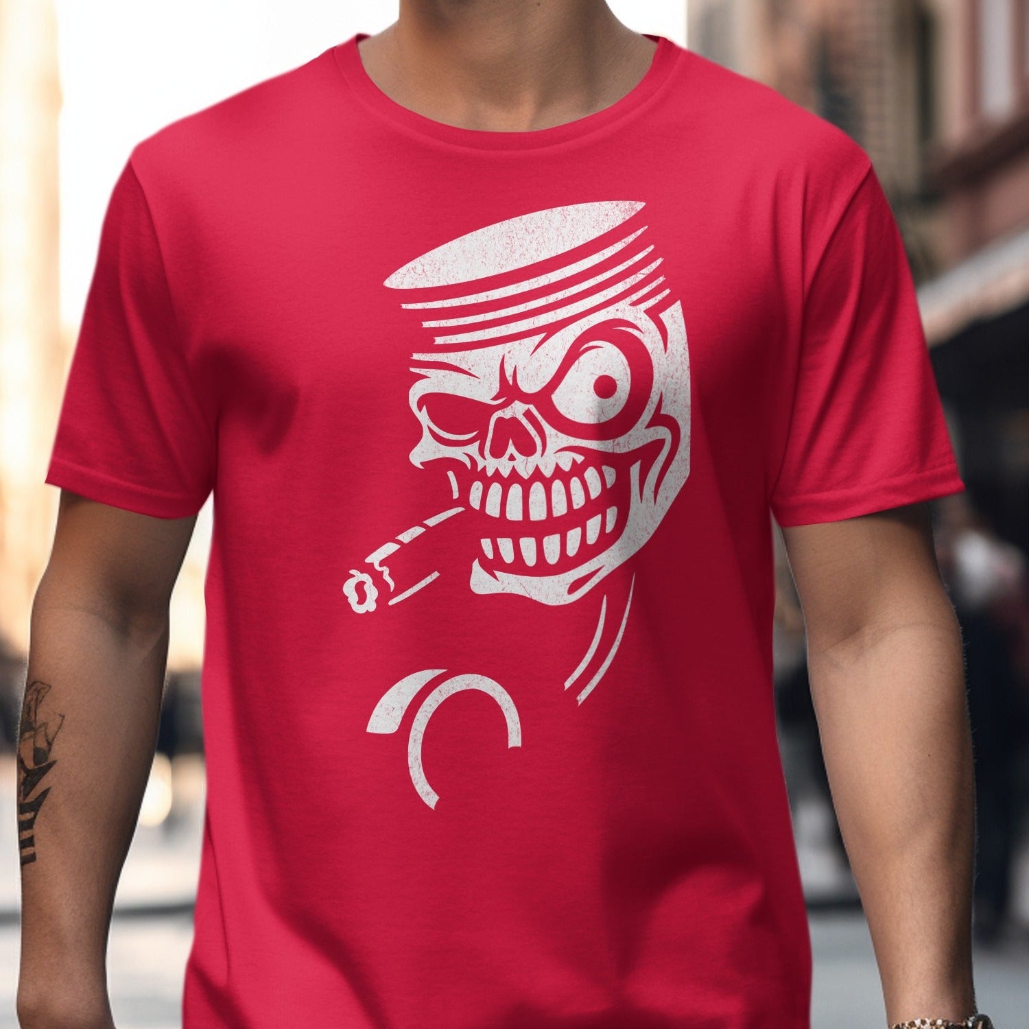 Skull Smoker Graphic On Bright Red Shirt product type