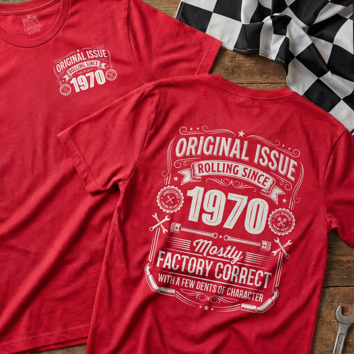 Red t-shirt with "1970 Original Issue Factory Correct" text on back.