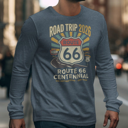 Long sleeve shirt with Route 66 Centennial graphic celebrating 1926-2026.