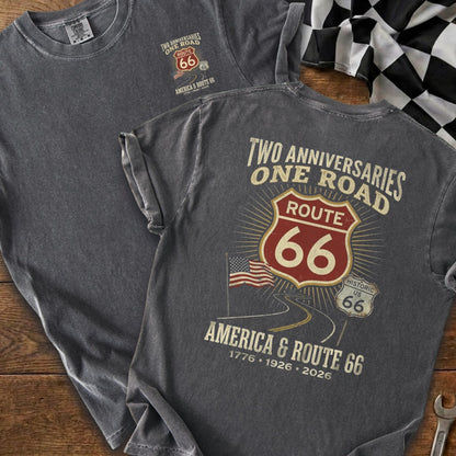 Dark grey t-shirt with Route 66 graphic and text "America & Route 66".