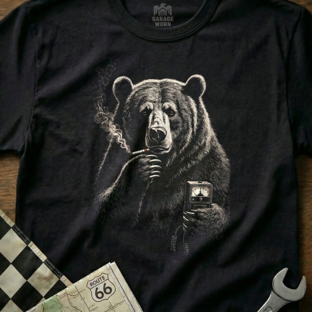 T-shirt graphic of a bear smoking a cigarette, holding a vintage meter.