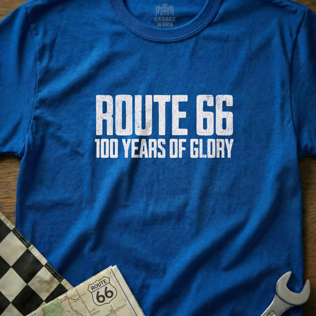 Blue t-shirt with "ROUTE 66 100 YEARS OF GLORY" text.