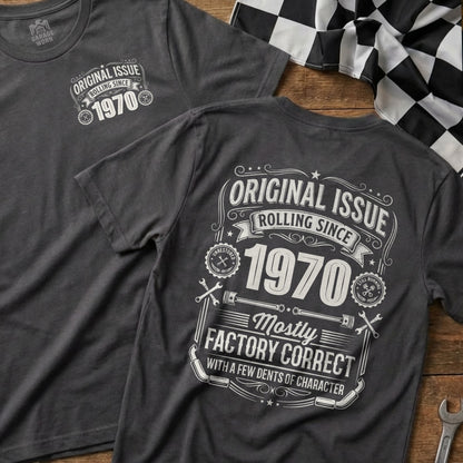 Dark grey t-shirts with "Original Issue Rolling Since 1970" and "Mostly Factory Correct" graphics.