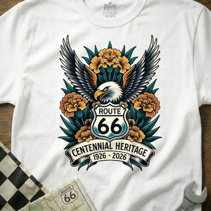 Route 66 Centennial Heritage eagle, flowers, and shield graphic on white t-shirt.