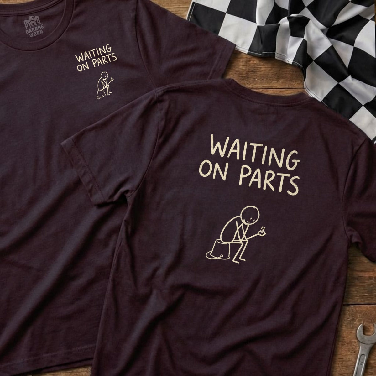 Two maroon t-shirts with "Waiting on Parts" text and a stick figure.