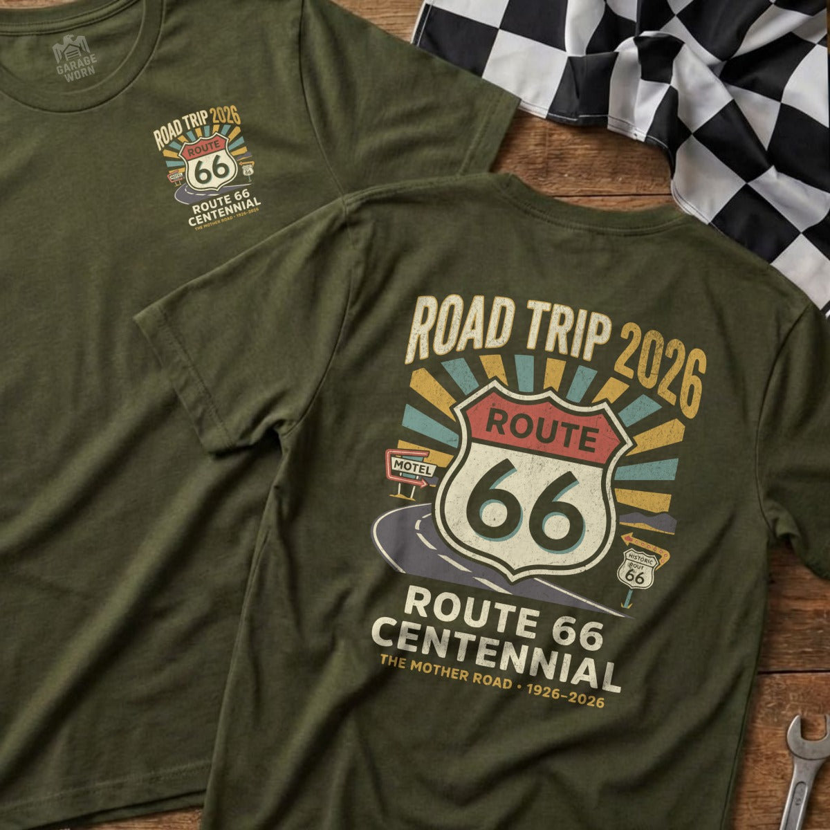 Olive green t-shirt featuring Route 66 Centennial design with text.