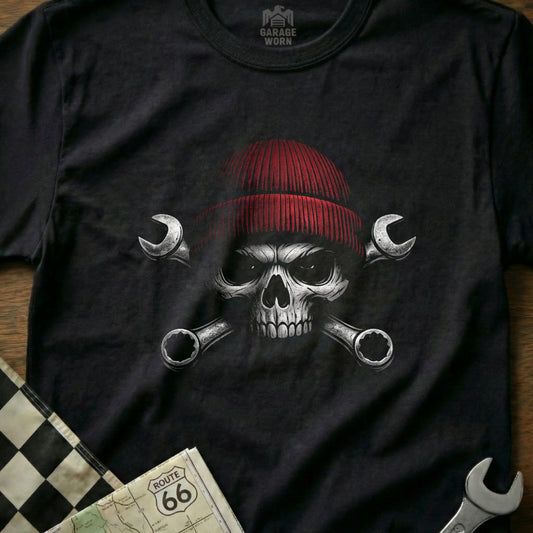 Black t-shirt with red beanie skull and crossed wrenches graphic.