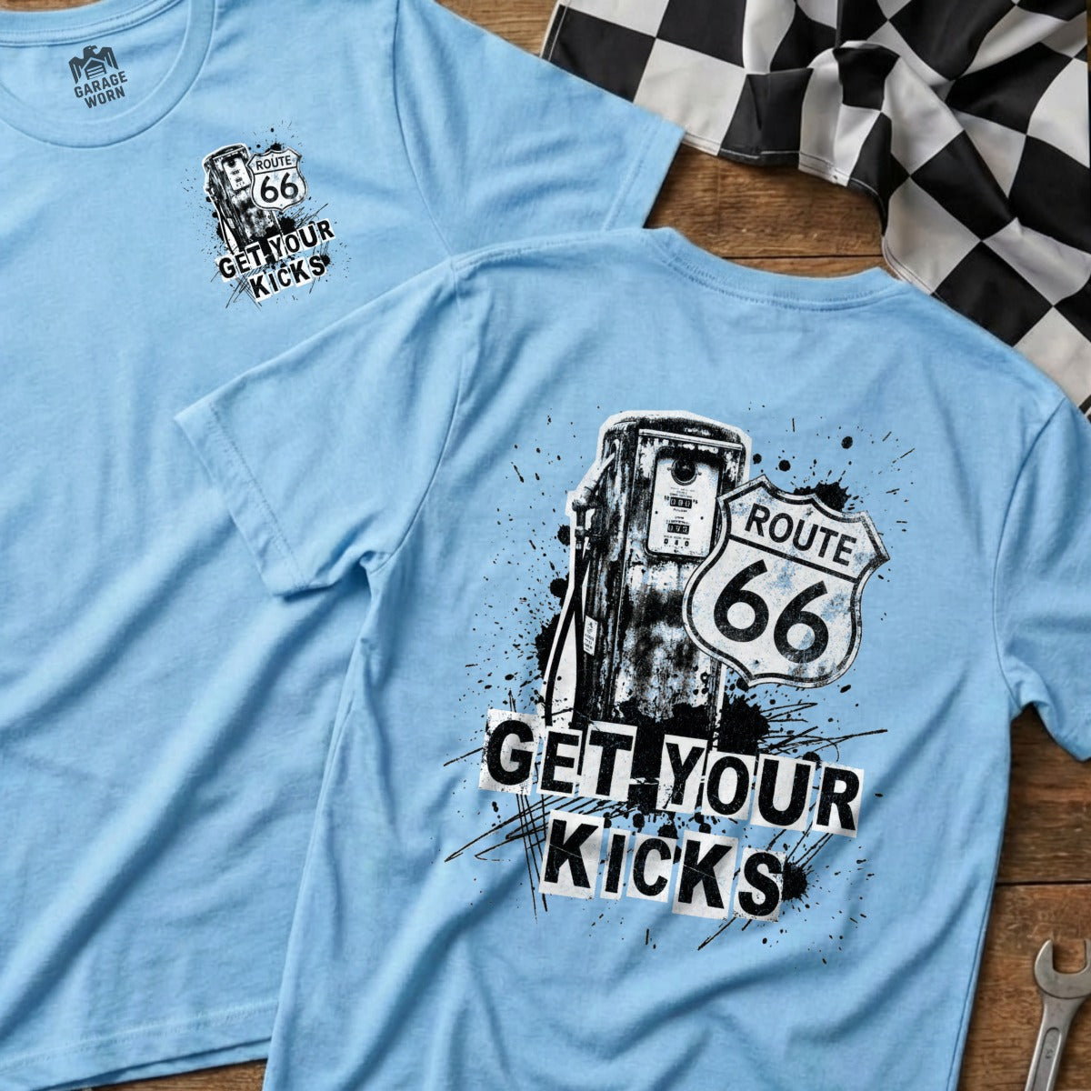 Blue t-shirt with Route 66 gas pump and "GET YOUR KICKS" graphic.