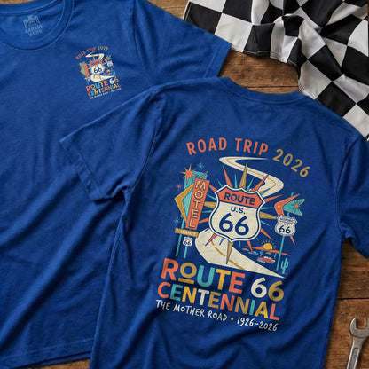 Blue t-shirts celebrating Route 66 Centennial with vintage graphics and text.